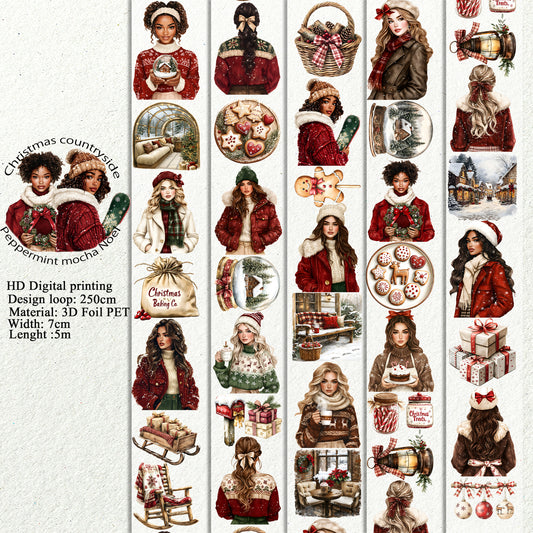 PET 3D raised Christmas  countryside and Peppermint mocha Noel tape,one roll fashion, junk journal, scrapbooking,bullet journal, card making.
