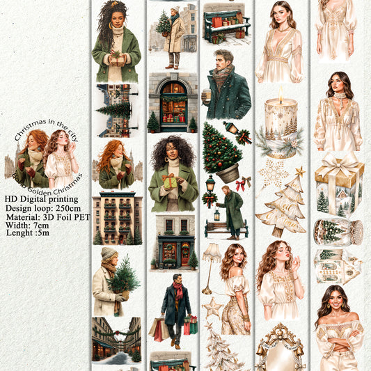 PET 3D raised Christmas in the city and Boho Golden Christmas tape,one roll fashion, junk journal, scrapbooking,bullet journal, card making.