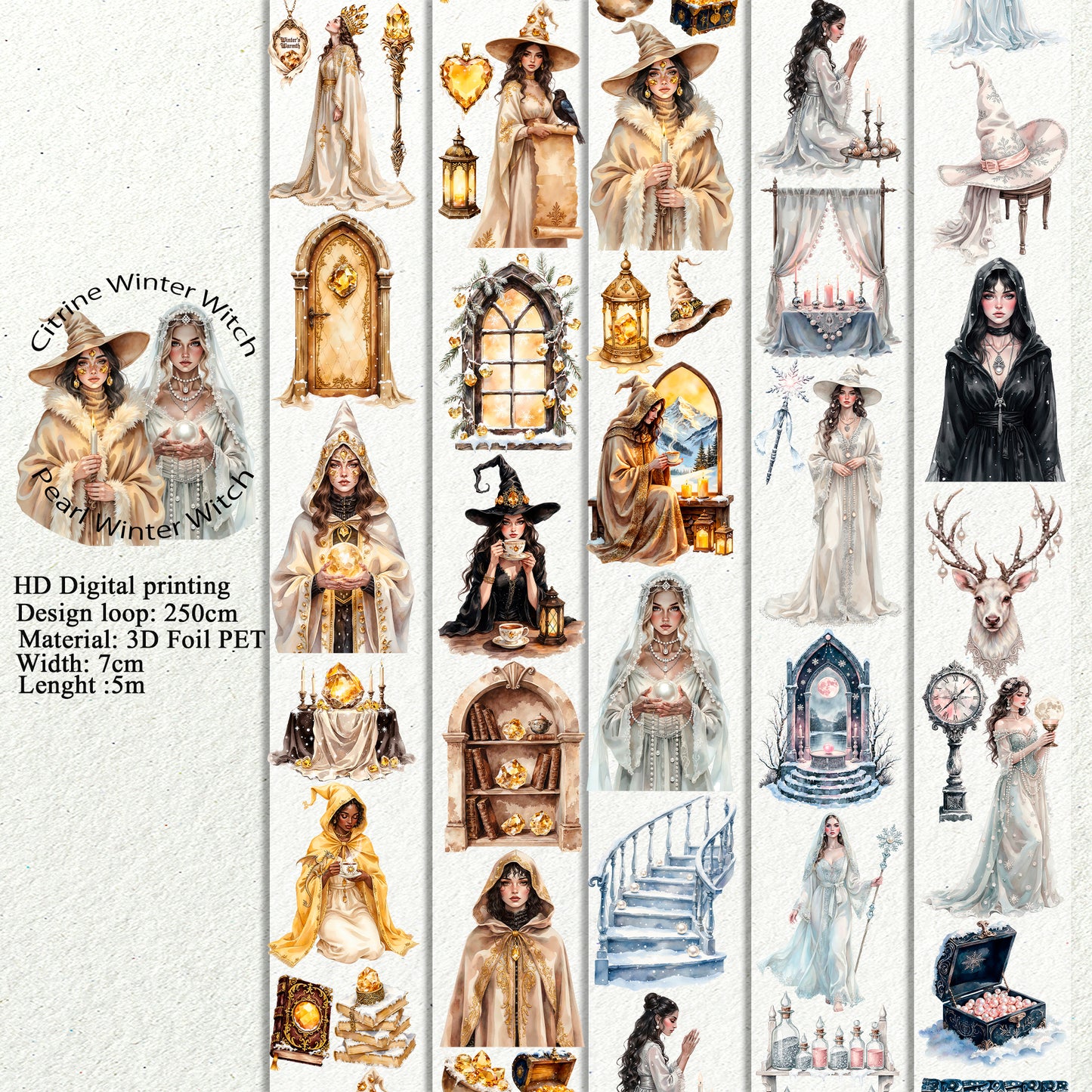 Citrine Winter Witch and  Pearl Winter Witch  PET 3D raised tape,one roll fashion, junk journal, scrapbooking,bullet journal, card making.