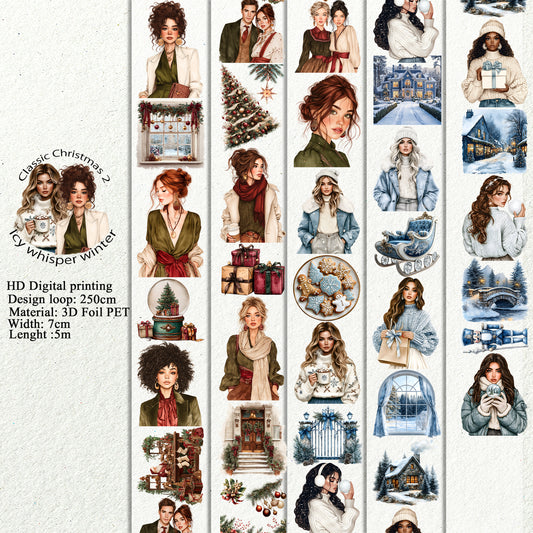 PET 3D raised Classic Christmas 2 and Icy whisper winter tape,one roll fashion, junk journal, scrapbooking,bullet journal, card making.