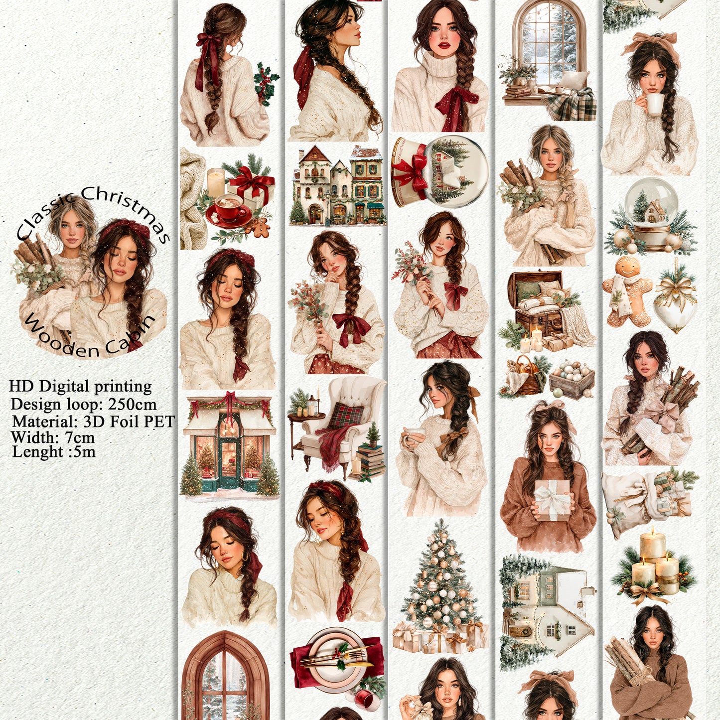 PET 3D raised Classic Christmas and Wooden Cabin tape,one roll fashion, junk journal, scrapbooking,bullet journal, card making.