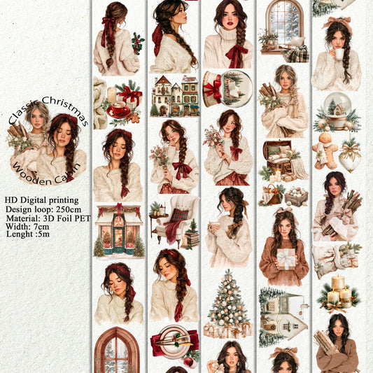 PET 3D raised Classic Christmas and Wooden Cabin tape,one roll fashion, junk journal, scrapbooking,bullet journal, card making.