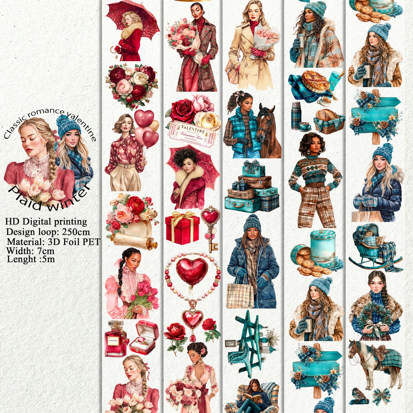 PET Classic romance valentine and Plaid winter 3D raised tape,one roll fashion, junk journal, scrapbooking,bullet journal, card making.