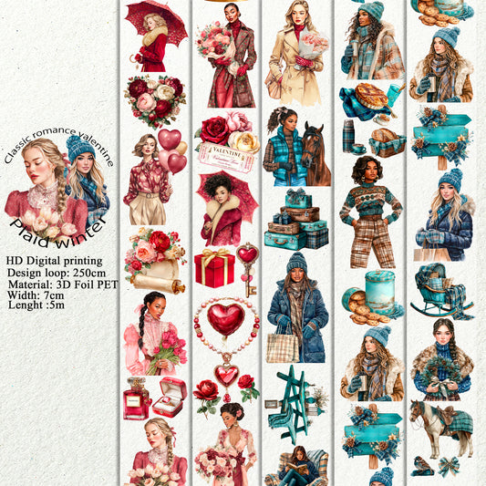 PET Classic romance valentine and Plaid winter 3D raised tape,one roll fashion, junk journal, scrapbooking,bullet journal, card making.