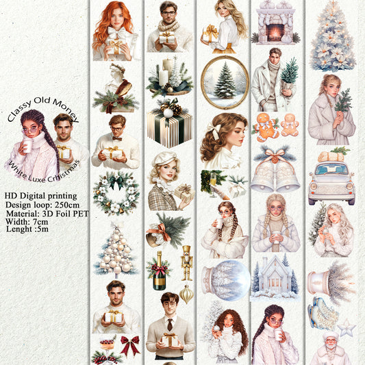 PET 3D raised Classy Old Money and White Luxe Crhistmas tape,one roll fashion, junk journal, scrapbooking,bullet journal, card making.