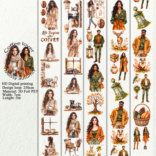 PET 3D raised Coffee lover and Mossy autumn tape,one roll fashion, junk journal, scrapbooking,bullet journal, card making.
