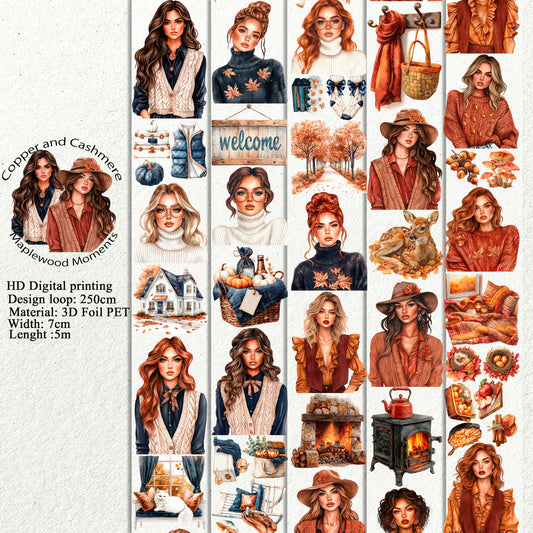 PET 3D raised Copper and Cashmere  and Maplewood Moments tape,one roll fashion, junk journal, scrapbooking,bullet journal, card making.