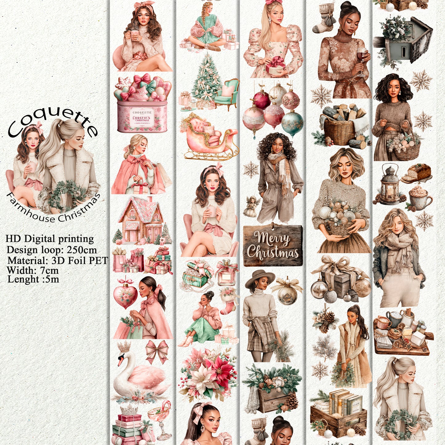 PET 3D raised Coquette and Farmhouse Christmas tape,one roll fashion, junk journal, scrapbooking,bullet journal, card making.