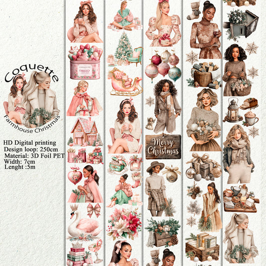 PET 3D raised Coquette and Farmhouse Christmas tape,one roll fashion, junk journal, scrapbooking,bullet journal, card making.