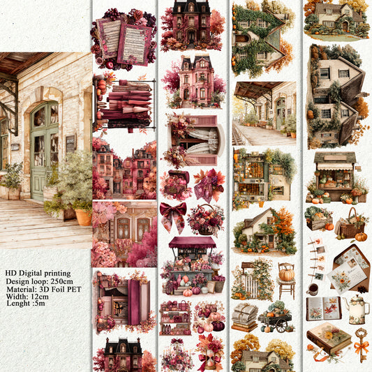 Coquette fall and Nostalgic Vintage Autumn Landscape PET 3D raised tape.