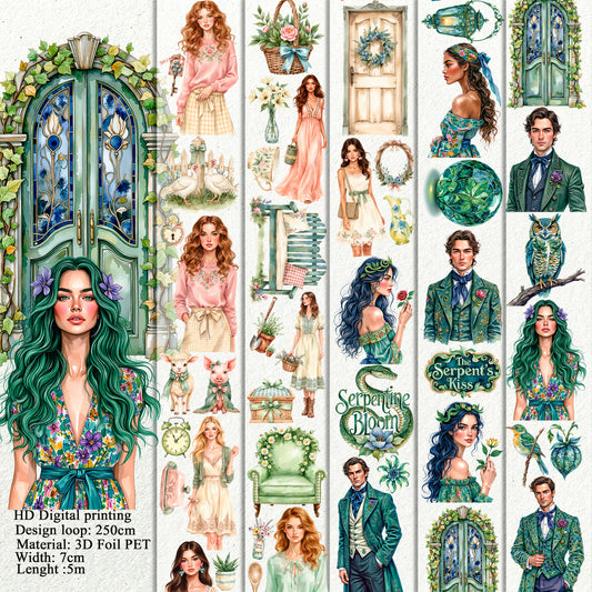 Cottage Spring Hearth and Serpentine Bloom PET 3D raised tape,one roll fashion, junk journal, scrapbooking,bullet journal, card making.