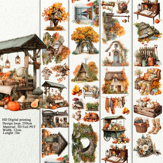 Cottagecore autumn Landscape PET 3D raised tape.
