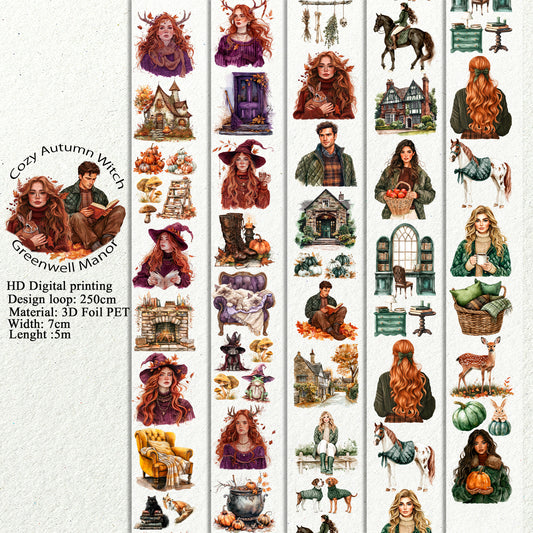 PET 3D raised Cozy Autumn Witch and Greenwell Manor tape,one roll fashion, junk journal, scrapbooking,bullet journal, card making.