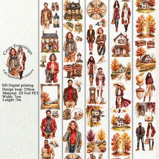 PET 3D raised Cozy Evenings and Fall Splendor in Nature tape,one roll fashion, junk journal, scrapbooking,bullet journal, card making.