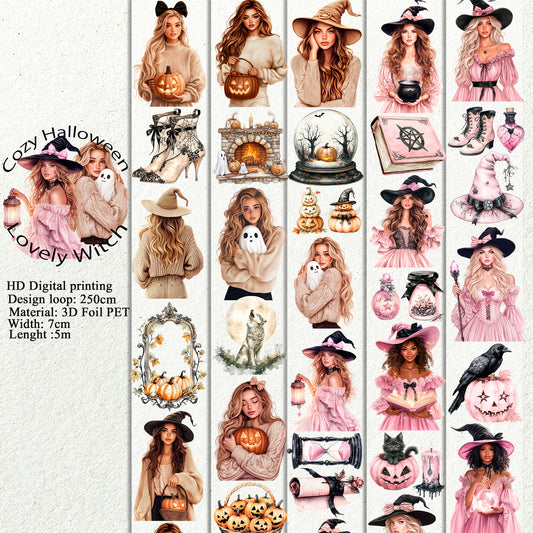 PET 3D raised Cozy Halloween and Lovely Witch tape,one roll fashion, junk journal, scrapbooking,bullet journal, card making.