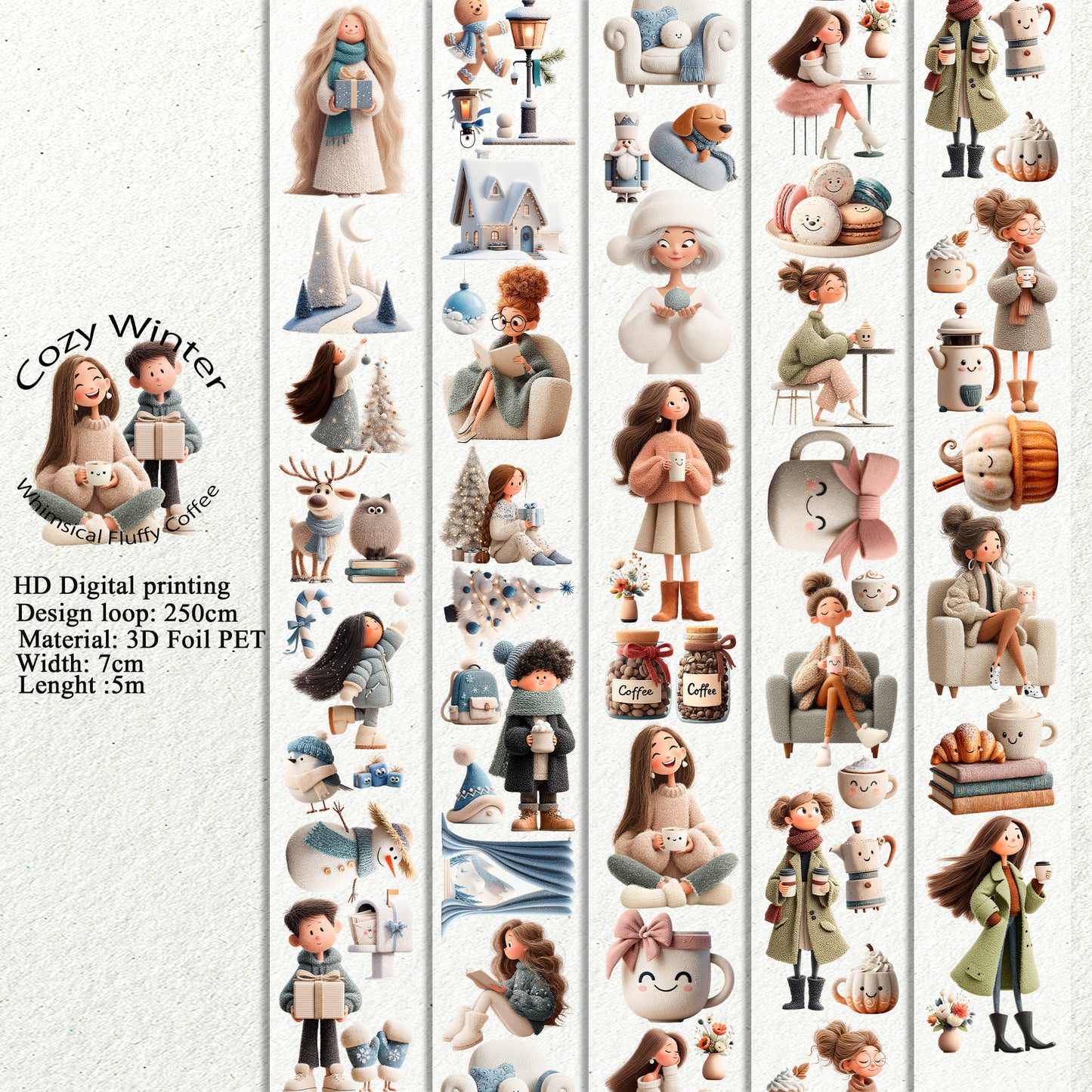 PET 3D raised Cozy Winter and Whimsical Fluffy Coffee tape,one roll fashion, junk journal, scrapbooking,bullet journal, card making.