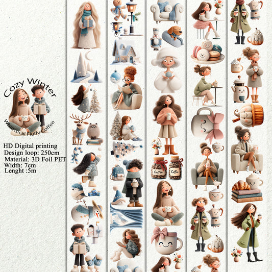 PET 3D raised Cozy Winter and Whimsical Fluffy Coffee tape,one roll fashion, junk journal, scrapbooking,bullet journal, card making.