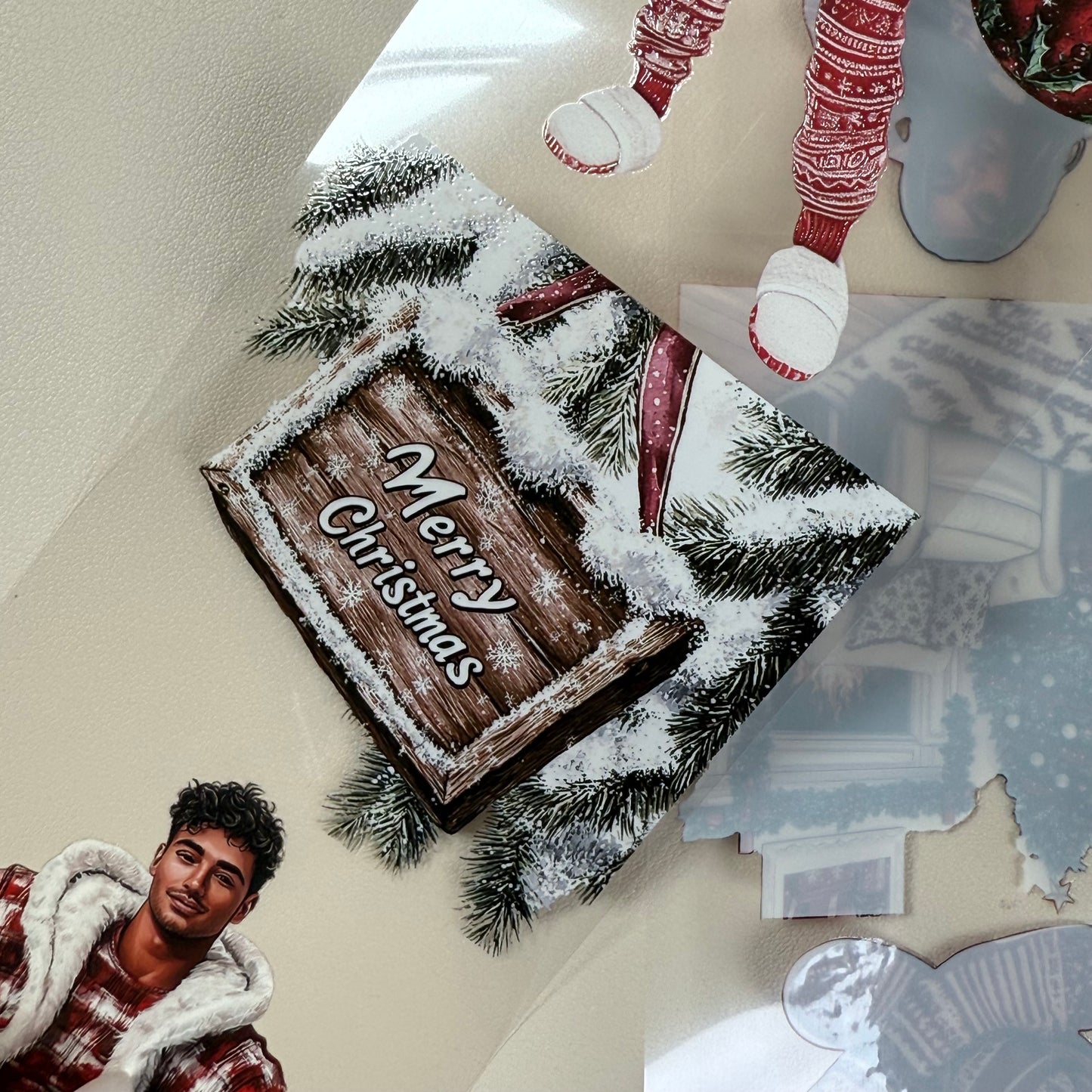 PET 3D raised Merry & Bright Christmas and Snowy Cabin tape,one roll fashion, junk journal, scrapbooking,bullet journal, card making.