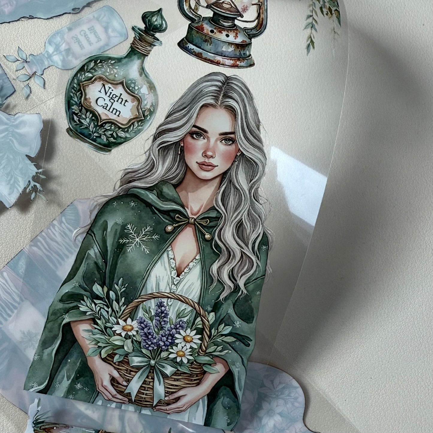 PET 3D raised Winter Mages and Silent Woods Apothecary tape,one roll fashion, junk journal, scrapbooking,bullet journal, card making.