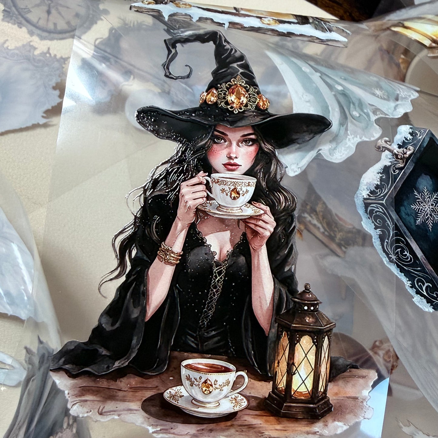 Citrine Winter Witch and  Pearl Winter Witch  PET 3D raised tape,one roll fashion, junk journal, scrapbooking,bullet journal, card making.