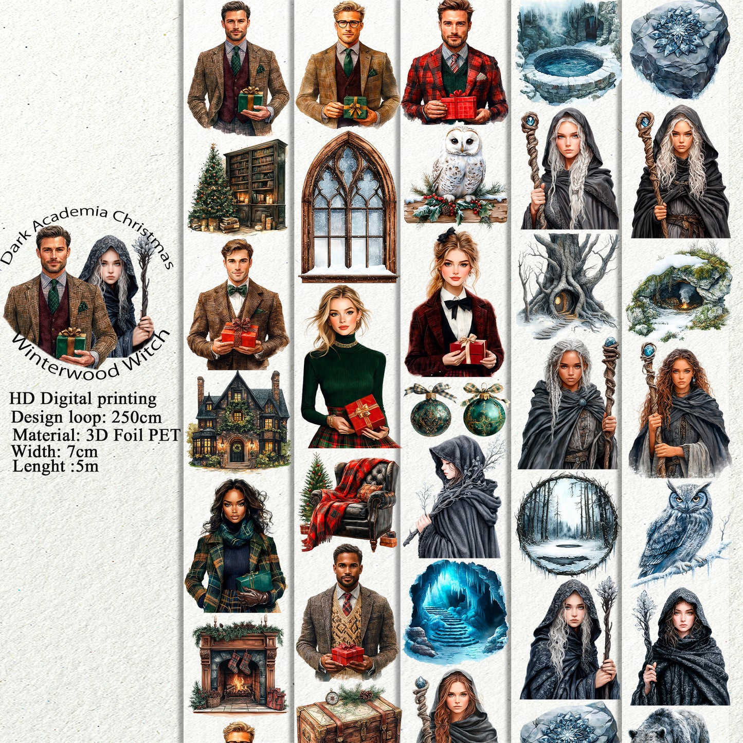 PET 3D raised Dark Academia Christmas and Winterwood Witch tape,one roll fashion, junk journal, scrapbooking,bullet journal, card making.