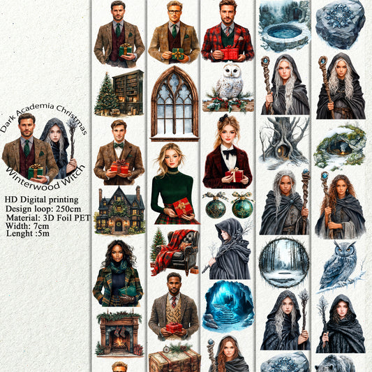 PET 3D raised Dark Academia Christmas and Winterwood Witch tape,one roll fashion, junk journal, scrapbooking,bullet journal, card making.
