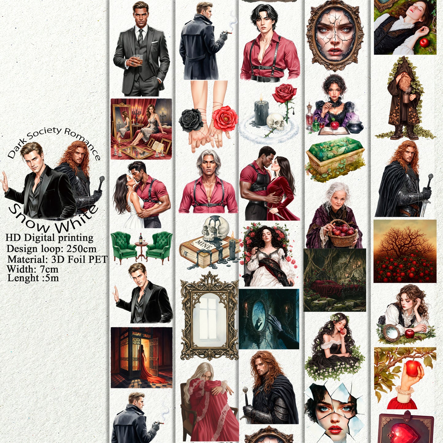 PET 3D raised Dark Society Romance and Snow White tape,one roll fashion, junk journal, scrapbooking,bullet journal, card making.