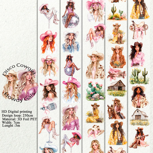 PET 3D raised Disco Cowgirl and Howdy Gals tape,one roll fashion, junk journal, scrapbooking,bullet journal, card making.