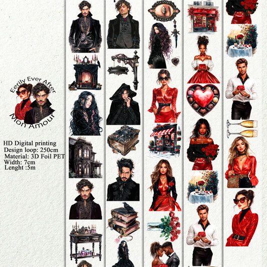 PET Eerily Ever After  and Mon Amour 3D raised tape,one roll fashion, junk journal, scrapbooking,bullet journal, card making.