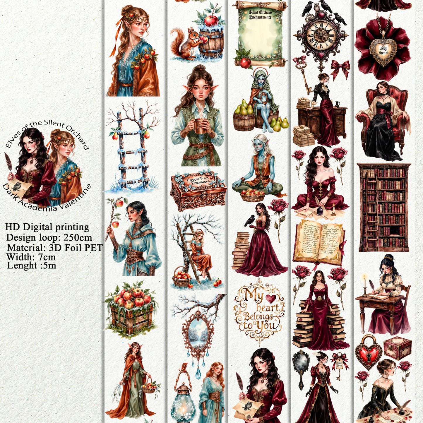 Elves of the Silent Orchard and  Dark Academia Valentine PET 3D raised tape,one roll fashion, junk journal, scrapbooking,bullet journal, card making.