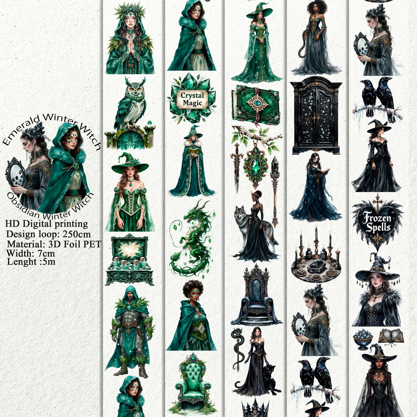 Emerald Winter Witch and Obsidian Winter Witch  PET 3D raised tape,one roll fashion, junk journal, scrapbooking,bullet journal, card making.