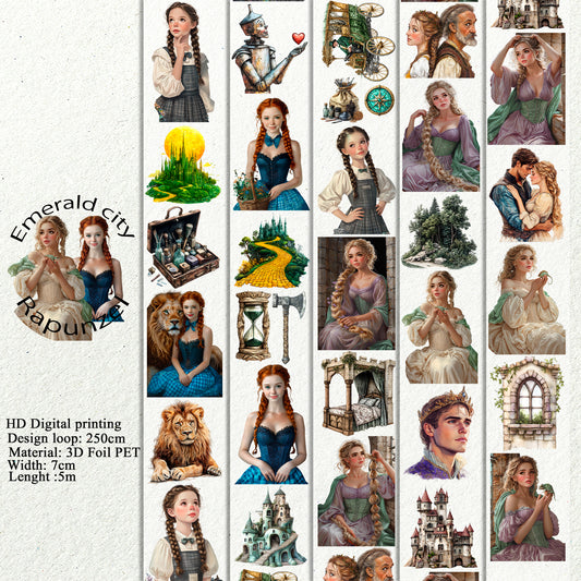 PET 3D raised Emerald city and Rapunzel tape,one roll fashion, junk journal, scrapbooking,bullet journal, card making.