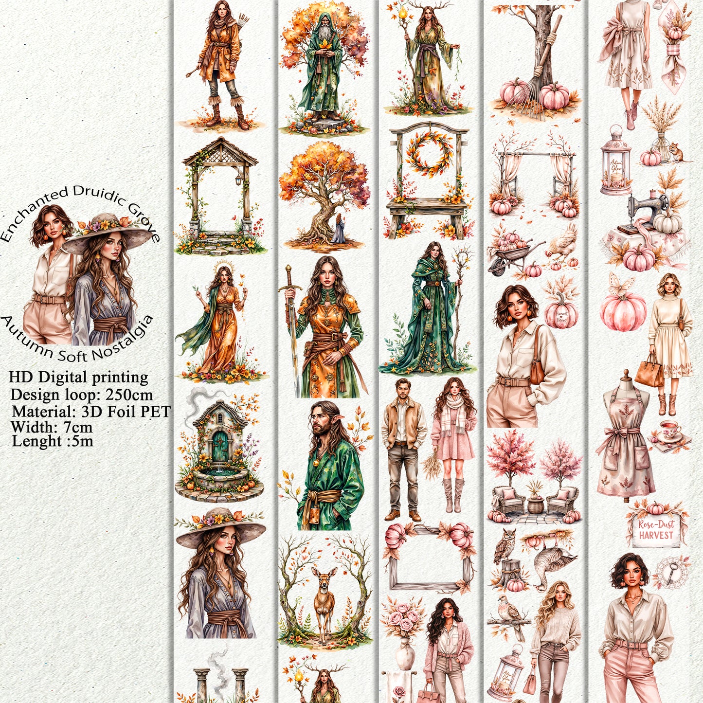 PET 3D raised Enchanted Druidic Grove and Autumn Soft Nostalgia tape,one roll fashion, junk journal, scrapbooking,bullet journal, card making.