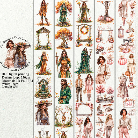 PET 3D raised Enchanted Druidic Grove and Autumn Soft Nostalgia tape,one roll fashion, junk journal, scrapbooking,bullet journal, card making.