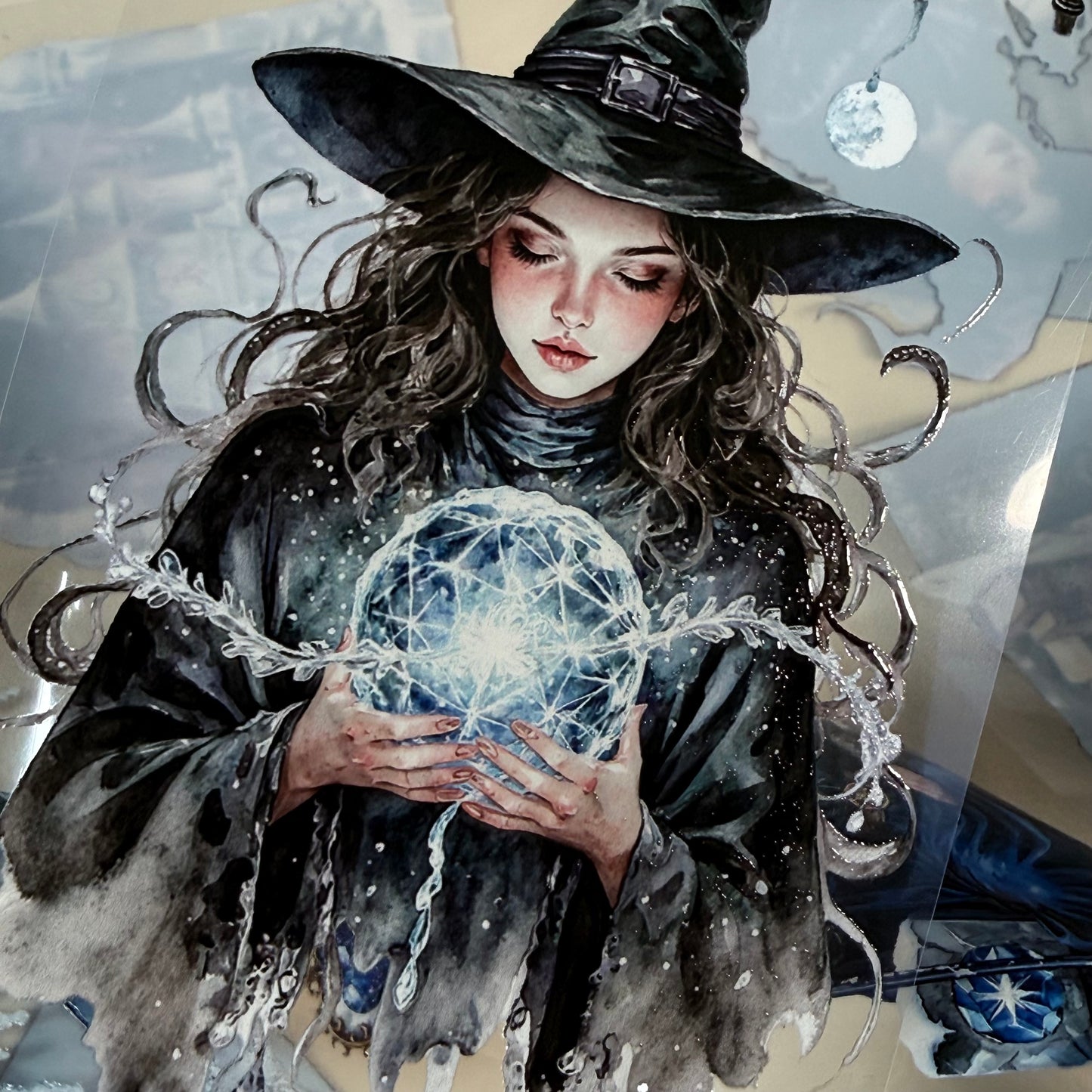 Moonlit Frost Witch and Lapis Lazuli Winter Witch PET 3D raised tape,one roll fashion, junk journal, scrapbooking,bullet journal, card making.