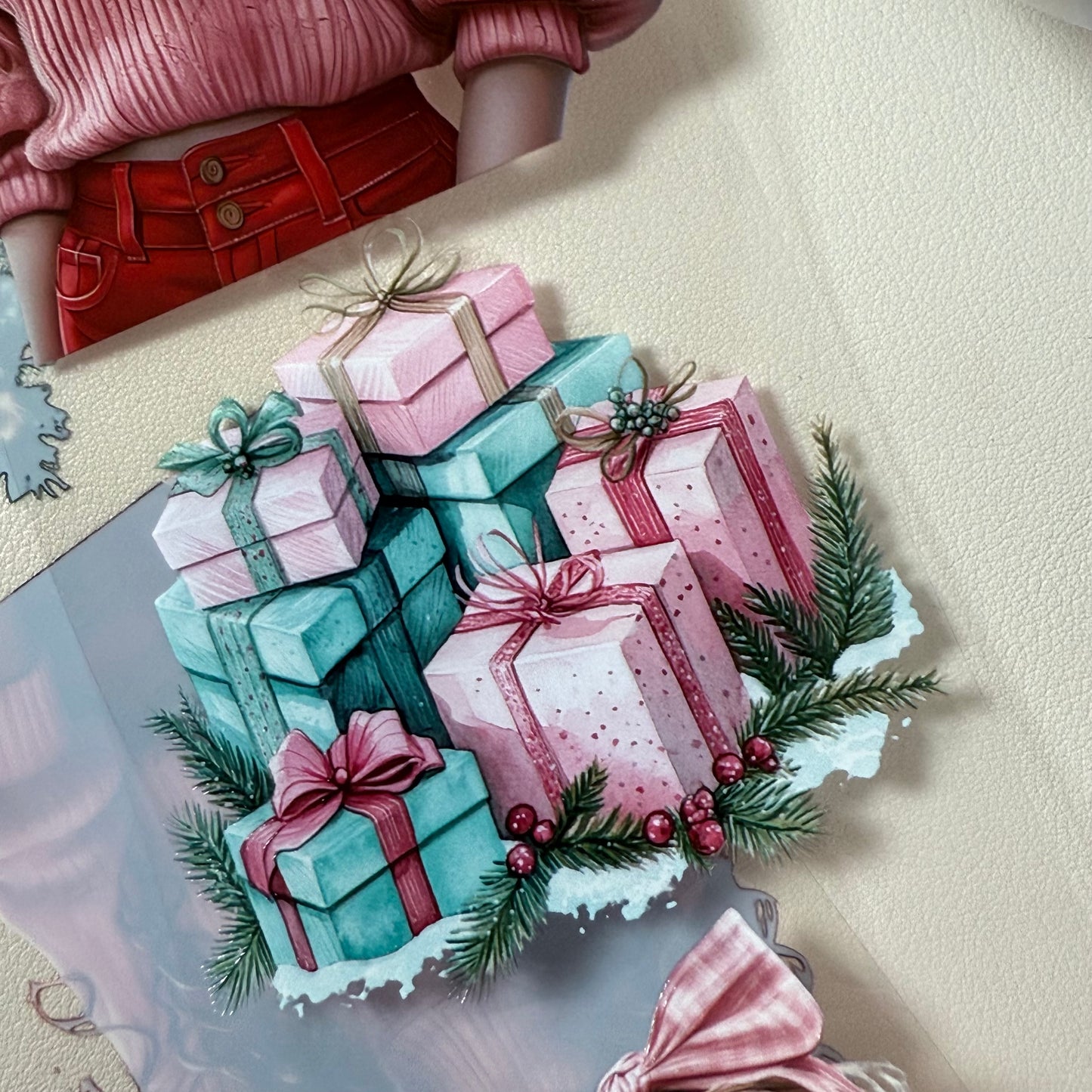 PET 3D raised Pink and teal Christmas and Frosted Fables tape,one roll fashion, junk journal, scrapbooking,bullet journal, card making.