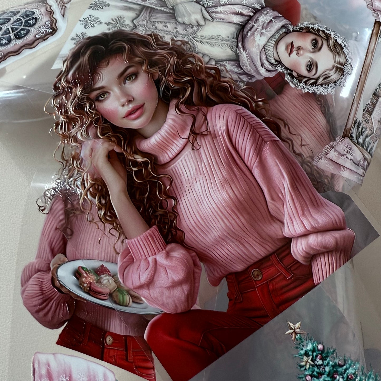 PET 3D raised Pink and teal Christmas and Frosted Fables tape,one roll fashion, junk journal, scrapbooking,bullet journal, card making.