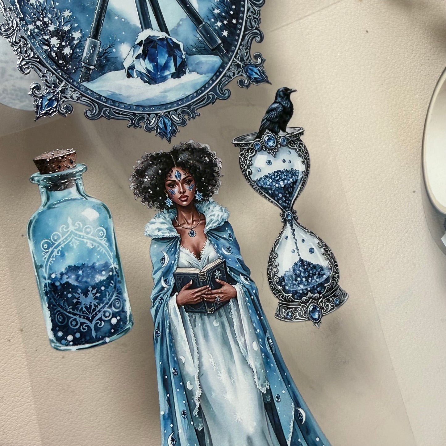 Turquoise Winter Witch and Sapphire Winter Witch PET 3D raised tape,one roll fashion, junk journal, scrapbooking,bullet journal, card making.