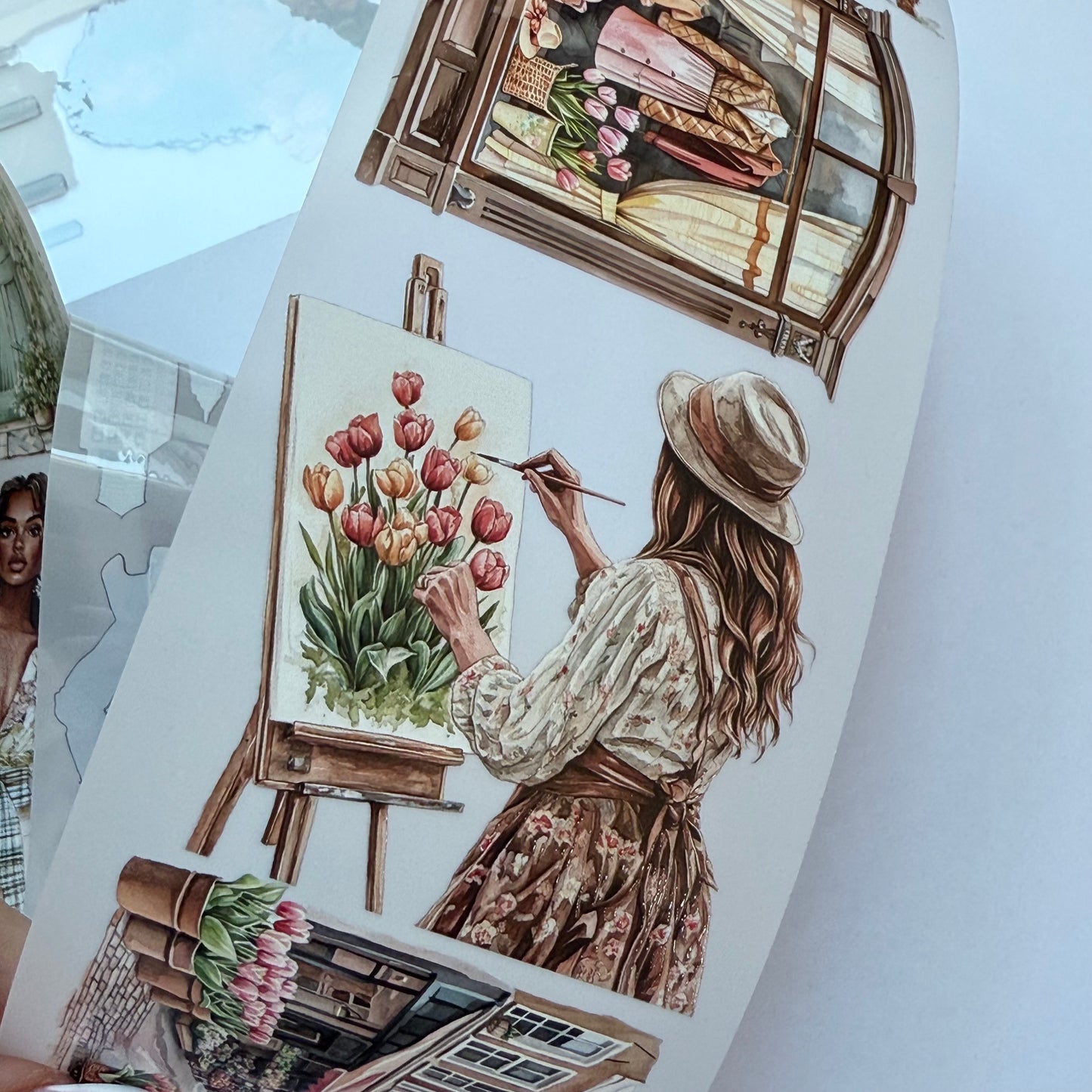 PET 3D raised tape Tulips in the city and Spring countryside tape,one roll fashion, junk journal, scrapbooking,bullet journal, card making.