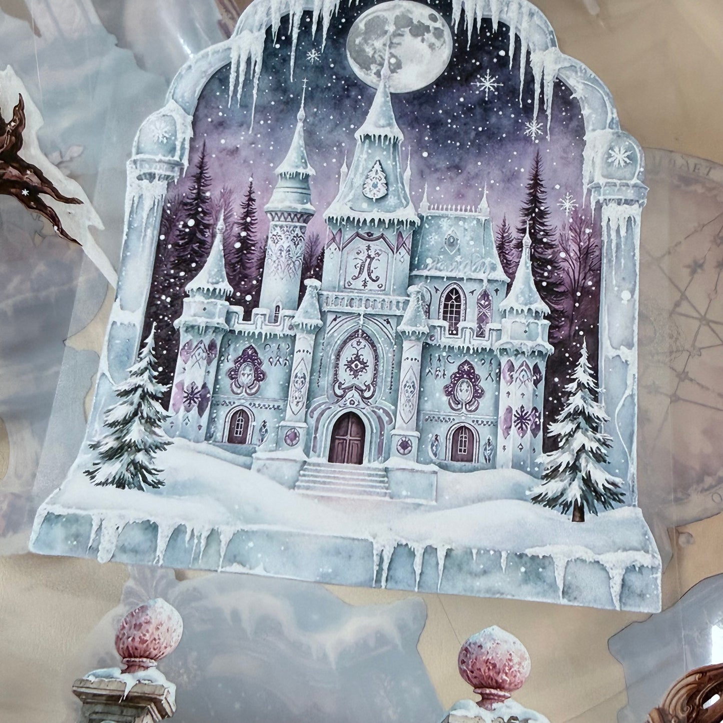 PET 3D raised Frosterd witch landscape tape,one roll fashion, junk journal, scrapbooking,bullet journal, card making.