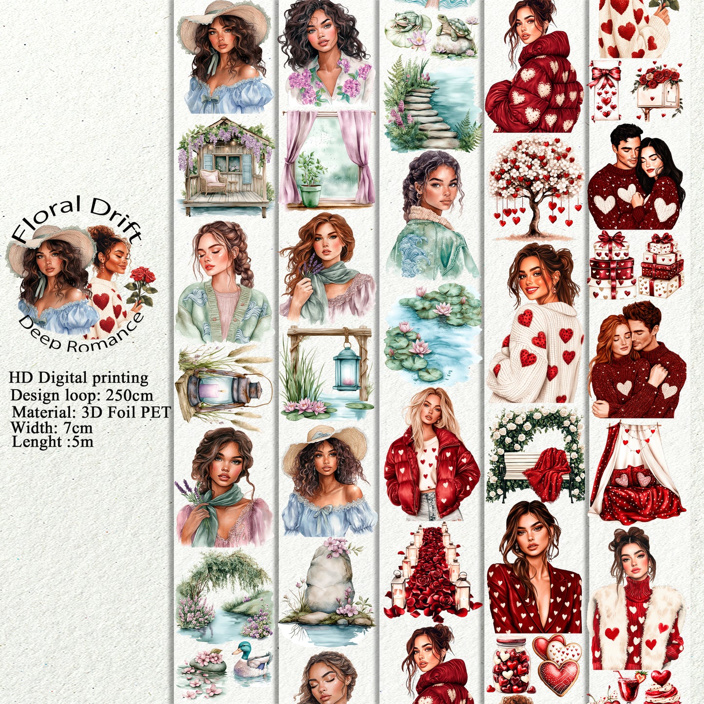 PET 3D raised Floral Drift and Deep Romance tape,one roll fashion, junk journal, scrapbooking,bullet journal, card making.