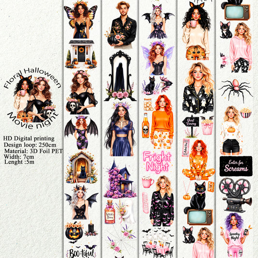 PET 3D raised Floral Halloween and movie night tape,one roll fashion, junk journal, scrapbooking,bullet journal, card making.