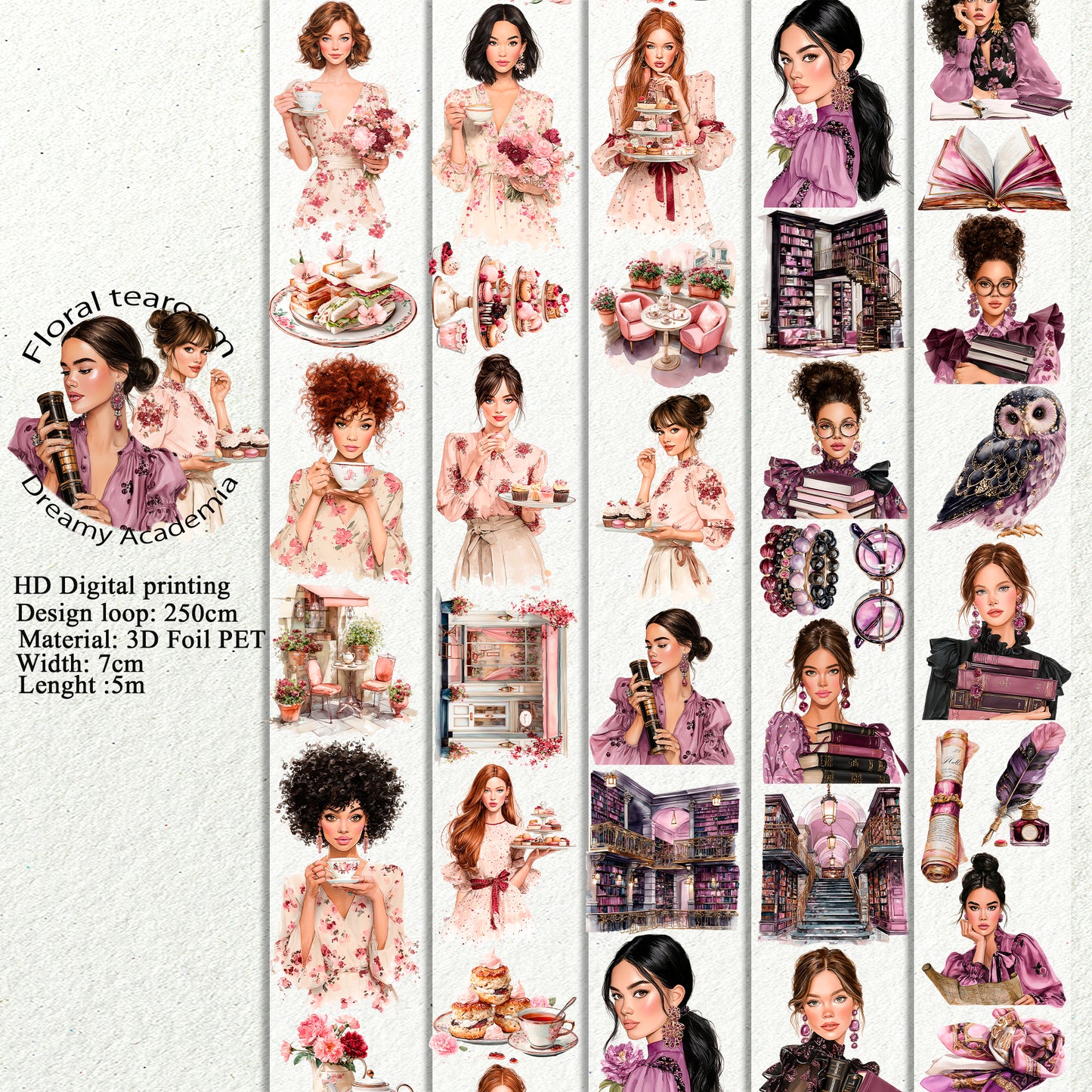 PET Floral tearoom and Dreamy Academia 3D raised tape,one roll fashion, junk journal, scrapbooking,bullet journal, card making.