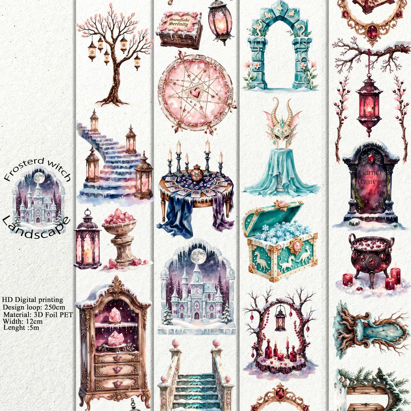 PET 3D raised Frosterd witch landscape tape,one roll fashion, junk journal, scrapbooking,bullet journal, card making.