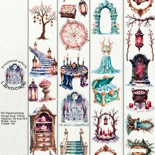 PET 3D raised Frosterd witch landscape tape,one roll fashion, junk journal, scrapbooking,bullet journal, card making.