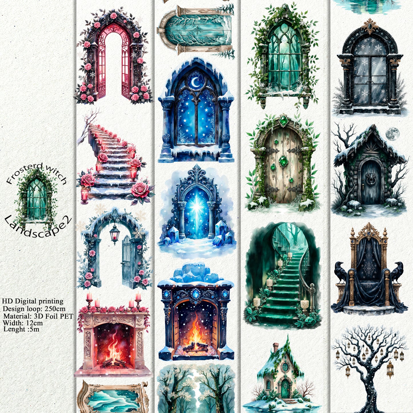 PET 3D raised Frosterd witch landscape 2 tape,one roll fashion, junk journal, scrapbooking,bullet journal, card making.