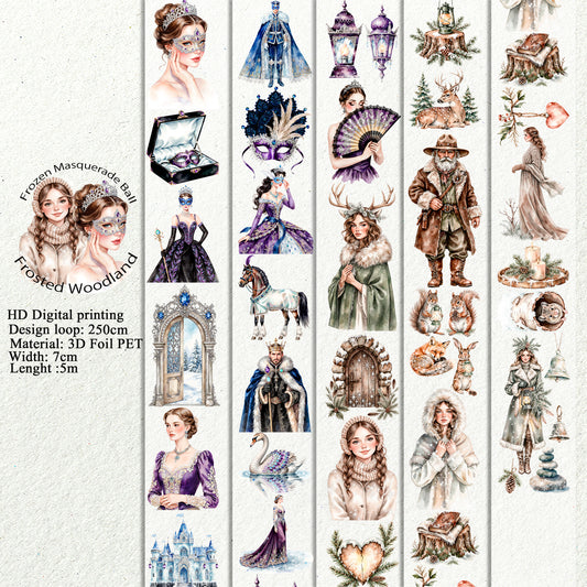 Frozen Masquerade Ball and  Frosted Woodland PET 3D raised tape,one roll fashion, junk journal, scrapbooking,bullet journal, card making.