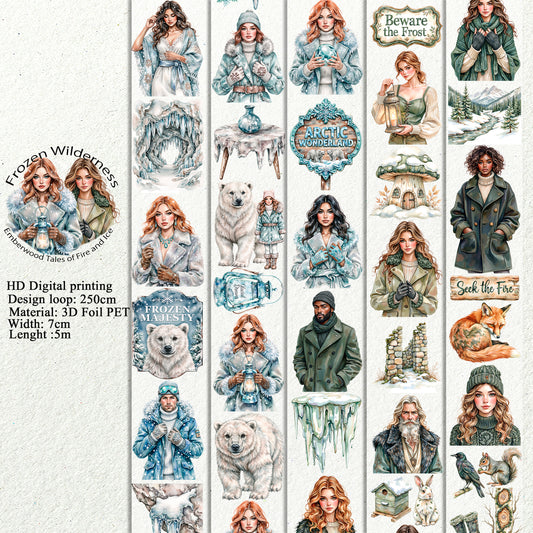 PET 3D raised Frozen Wilderness and Emberwood Tales of Fire and Ice tape,one roll fashion, junk journal, scrapbooking,bullet journal, card making.