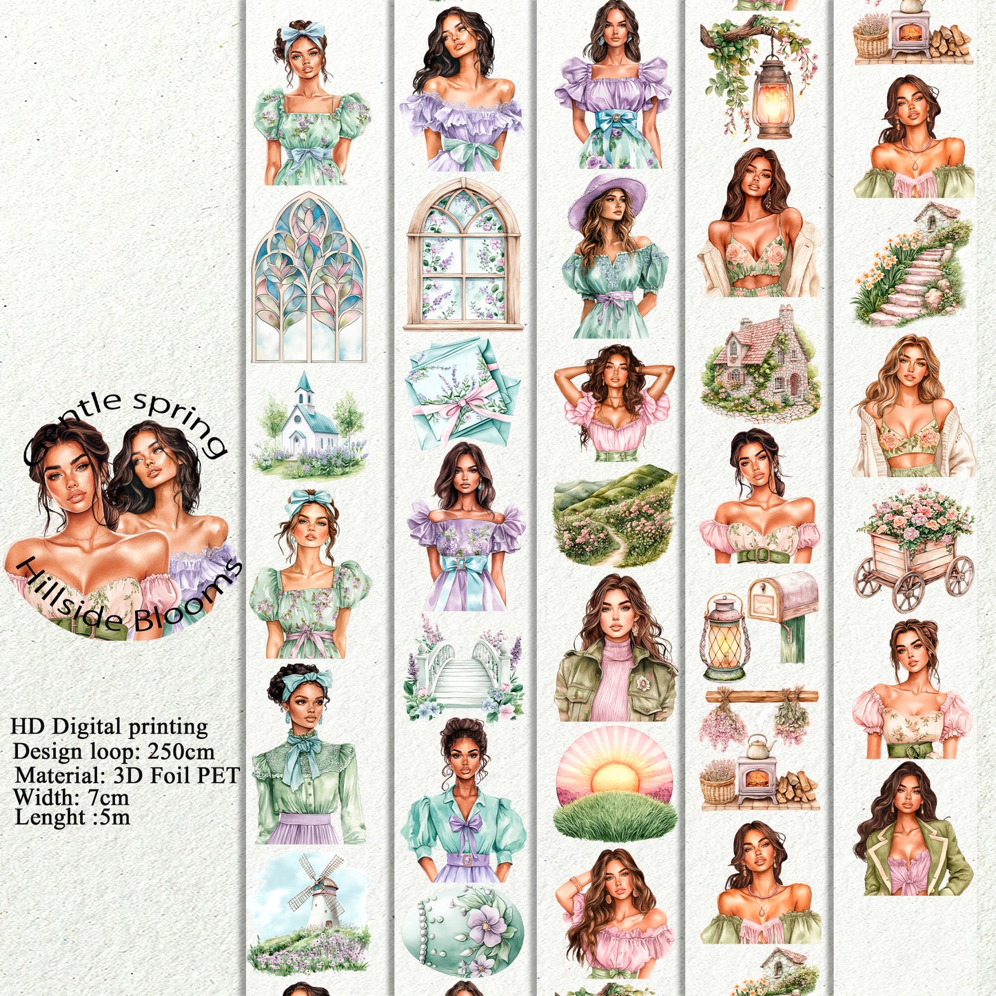 PET 3D raised Gentle spring and Hillside Blooms tape,one roll fashion, junk journal, scrapbooking,bullet journal, card making.