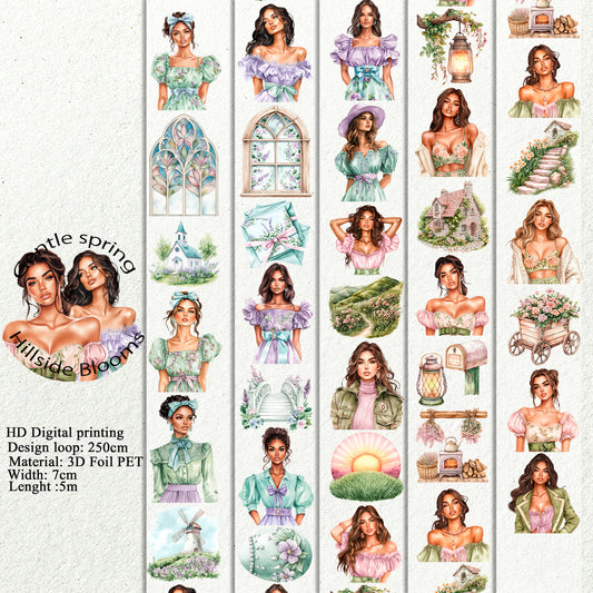 PET 3D raised Gentle spring and Hillside Blooms tape,one roll fashion, junk journal, scrapbooking,bullet journal, card making.